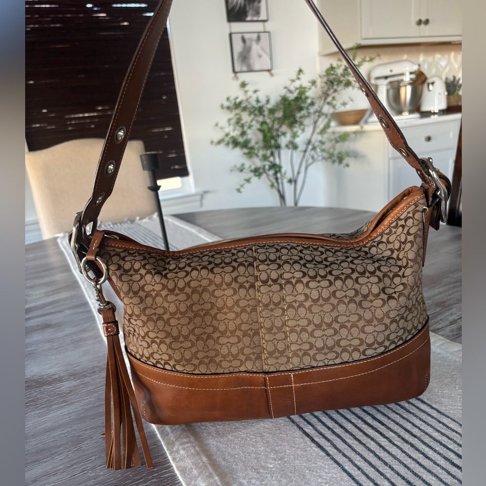 🍃🦋 Vintage Coach Signature Canvas Leather Shoulder Hobo Mini Duffle Bag - Picture 15 of 15